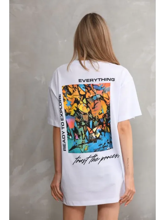 Unisex Bisiklet Yaka Baskılı Oversize T-Shirt - Beyaz