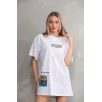 Unisex Bisiklet Yaka Baskılı Oversize T-Shirt - Beyaz
