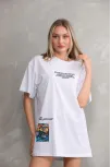Unisex Bisiklet Yaka Baskılı Oversize T-shirt - Beyaz