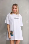 Unisex Bisiklet Yaka Baskılı Oversize T-shirt - Beyaz