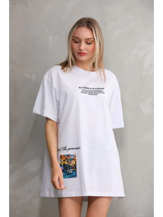 Unisex Bisiklet Yaka Baskılı Oversize T-Shirt - Beyaz