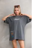 Unisex Bisiklet Yaka Baskılı Oversize T-shirt - Gri