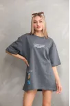 Unisex Bisiklet Yaka Baskılı Oversize T-shirt - Gri