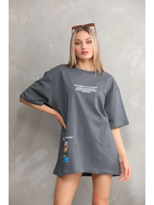 Unisex Bisiklet Yaka Baskılı Oversize T-shirt - Gri