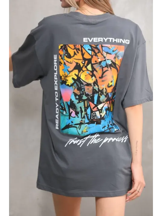 Unisex Bisiklet Yaka Baskılı Oversize T-shirt - Gri