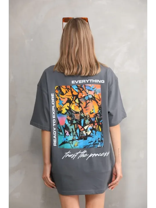 Unisex Bisiklet Yaka Baskılı Oversize T-shirt - Gri