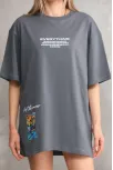Unisex Bisiklet Yaka Baskılı Oversize T-shirt - Gri