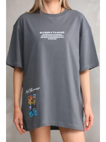Unisex Bisiklet Yaka Baskılı Oversize T-shirt - Gri Unisex Bisiklet Yaka Baskılı Oversize T-shirt - Gri