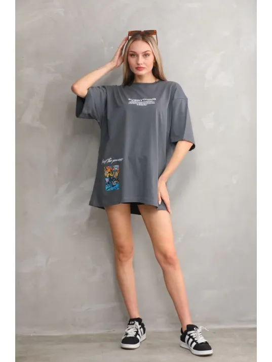 Unisex Bisiklet Yaka Baskılı Oversize T-shirt - Gri