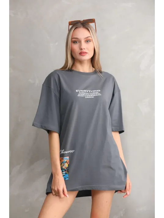 Unisex Bisiklet Yaka Baskılı Oversize T-shirt - Gri