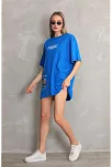 Unisex Bisiklet Yaka Baskılı Oversize T-shirt - Mavi