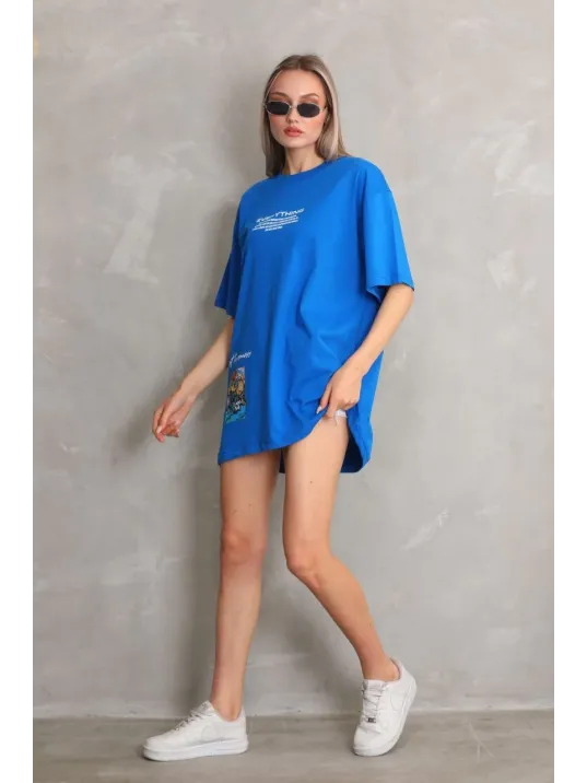 Unisex Bisiklet Yaka Baskılı Oversize T-shirt - Mavi