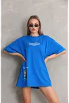 Unisex Bisiklet Yaka Baskılı Oversize T-shirt - Mavi