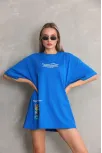 Unisex Bisiklet Yaka Baskılı Oversize T-shirt - Mavi