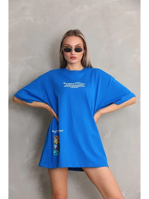 Unisex Bisiklet Yaka Baskılı Oversize T-shirt - Mavi