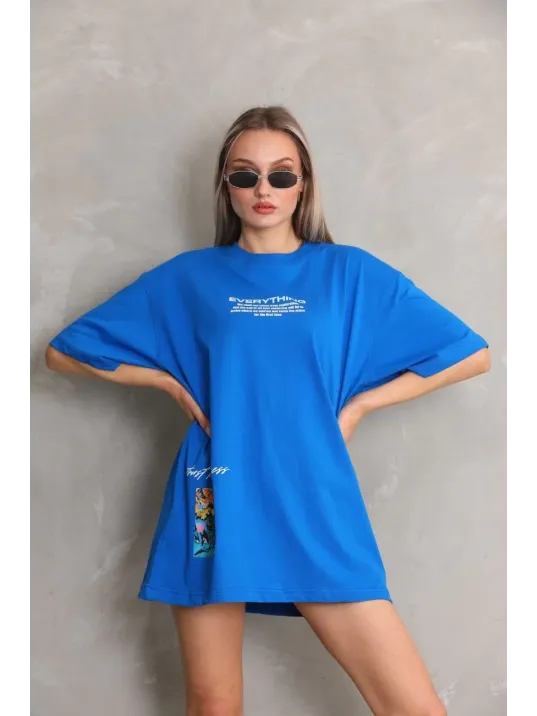 Unisex Bisiklet Yaka Baskılı Oversize T-shirt - Mavi