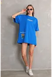 Unisex Bisiklet Yaka Baskılı Oversize T-shirt - Mavi
