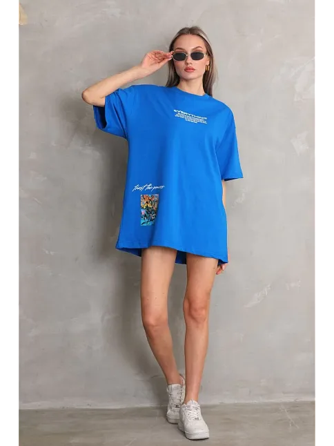 Unisex Bisiklet Yaka Baskılı Oversize T-shirt - Mavi