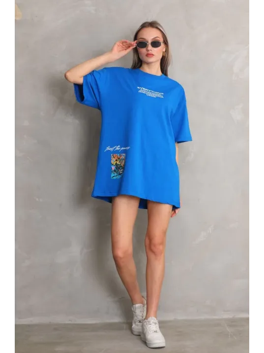 Unisex Bisiklet Yaka Baskılı Oversize T-shirt - Mavi