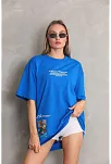 Unisex Bisiklet Yaka Baskılı Oversize T-shirt - Mavi