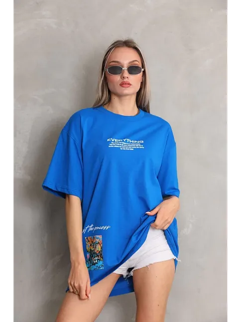 Unisex Bisiklet Yaka Baskılı Oversize T-shirt - Mavi