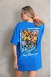Unisex Bisiklet Yaka Baskılı Oversize T-shirt - Mavi
