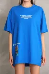 Unisex Bisiklet Yaka Baskılı Oversize T-shirt - Mavi
