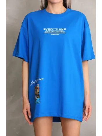Unisex Bisiklet Yaka Baskılı Oversize T-shirt - Mavi Unisex Bisiklet Yaka Baskılı Oversize T-shirt - Mavi