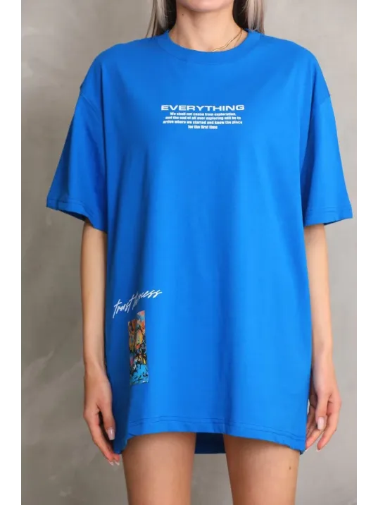 Unisex Bisiklet Yaka Baskılı Oversize T-shirt - Mavi