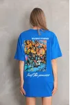 Unisex Bisiklet Yaka Baskılı Oversize T-shirt - Mavi