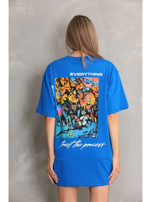 Unisex Bisiklet Yaka Baskılı Oversize T-shirt - Mavi