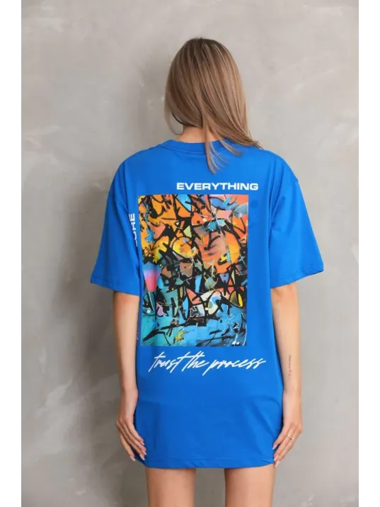 Unisex Bisiklet Yaka Baskılı Oversize T-shirt - Mavi