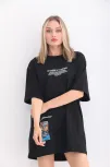 Unisex Bisiklet Yaka Baskılı Oversize T-shirt - Siyah