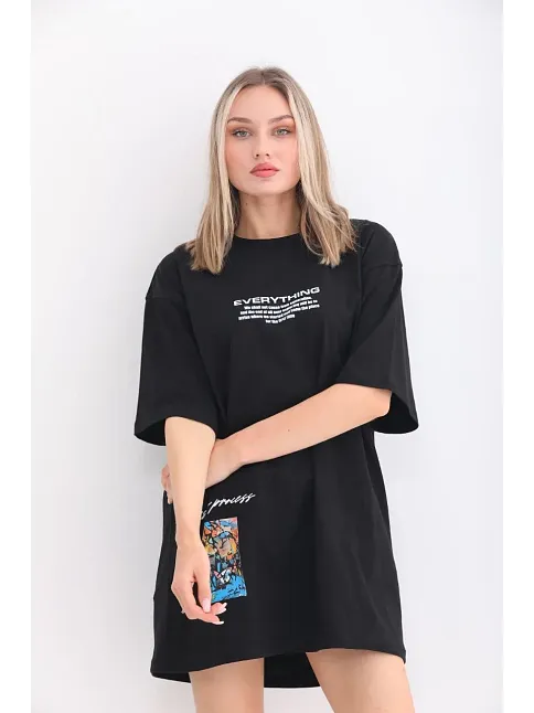 Unisex Bisiklet Yaka Baskılı Oversize T-shirt - Siyah
