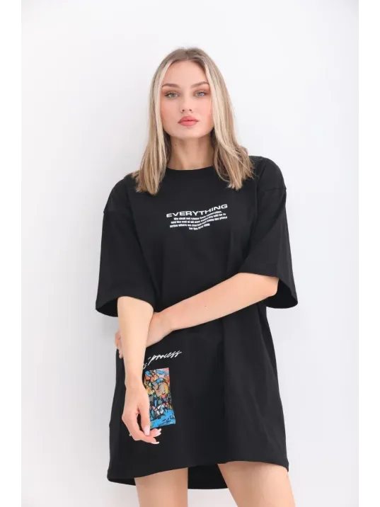 Unisex Bisiklet Yaka Baskılı Oversize T-Shirt - Siyah