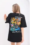 Unisex Bisiklet Yaka Baskılı Oversize T-shirt - Siyah