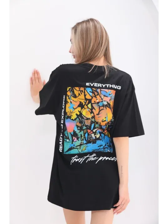 Unisex Bisiklet Yaka Baskılı Oversize T-Shirt - Siyah