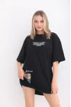 Unisex Bisiklet Yaka Baskılı Oversize T-shirt - Siyah