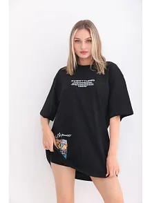 Unisex Bisiklet Yaka Baskılı Oversize T-shirt - Siyah