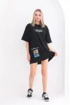Unisex Bisiklet Yaka Baskılı Oversize T-shirt - Siyah