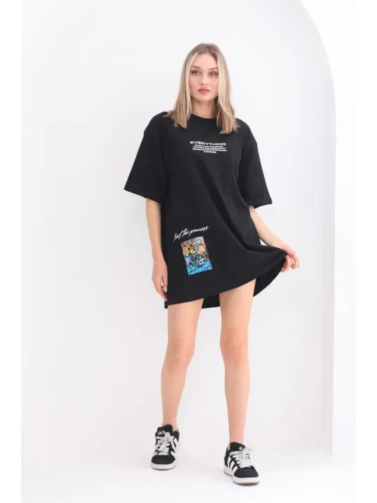 Unisex Bisiklet Yaka Baskılı Oversize T-Shirt - Siyah