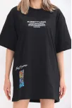 Unisex Bisiklet Yaka Baskılı Oversize T-shirt - Siyah