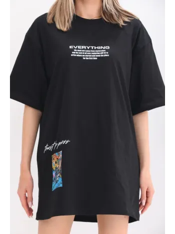 Unisex Bisiklet Yaka Baskılı Oversize T-Shirt - Siyah Unisex Bisiklet Yaka Baskılı Oversize T-Shirt - Siyah