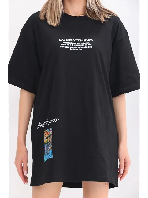 Unisex Bisiklet Yaka Baskılı Oversize T-shirt - Siyah