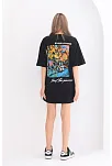 Unisex Bisiklet Yaka Baskılı Oversize T-shirt - Siyah