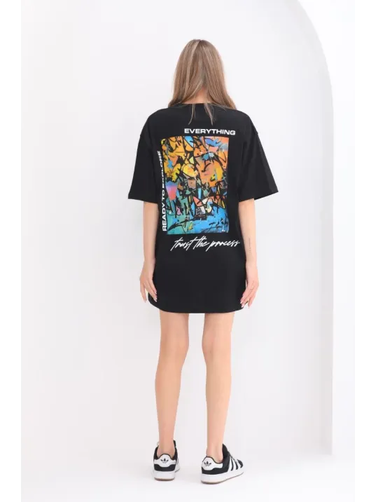 Unisex Bisiklet Yaka Baskılı Oversize T-Shirt - Siyah