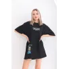 Unisex Bisiklet Yaka Baskılı Oversize T-Shirt - Siyah