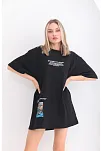 Unisex Bisiklet Yaka Baskılı Oversize T-shirt - Siyah