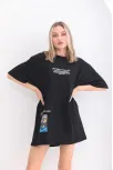 Unisex Bisiklet Yaka Baskılı Oversize T-shirt - Siyah
