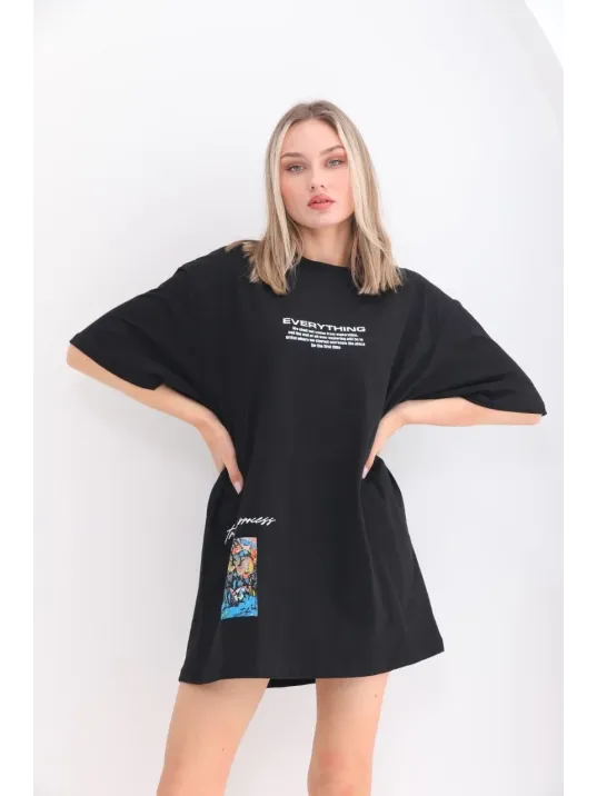 Unisex Bisiklet Yaka Baskılı Oversize T-Shirt - Siyah